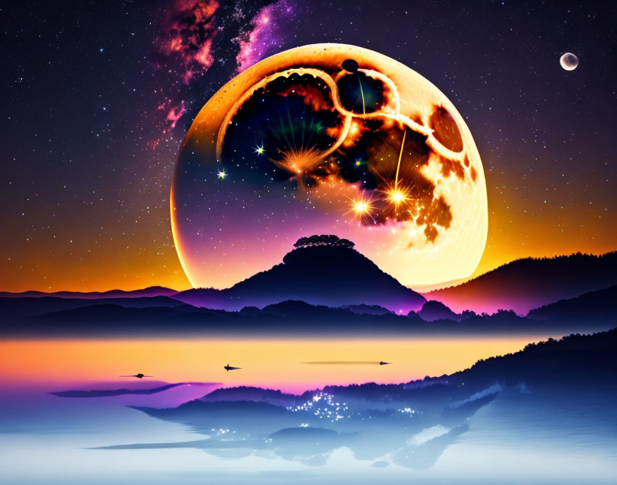 Colorful Planet Rises Over Surreal Landscape