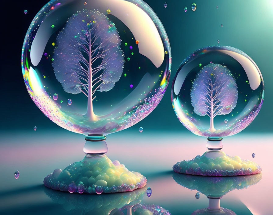 Transparent Spheres with Sparkling Trees on Colorful Platforms