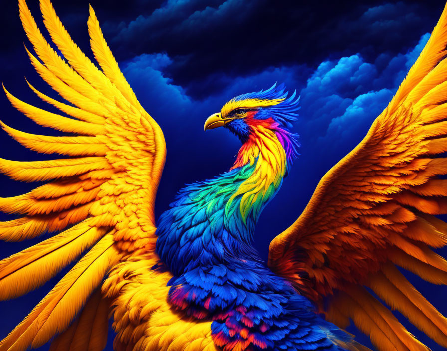 Colorful Rainbow Bird with Golden Wings in Dramatic Sky