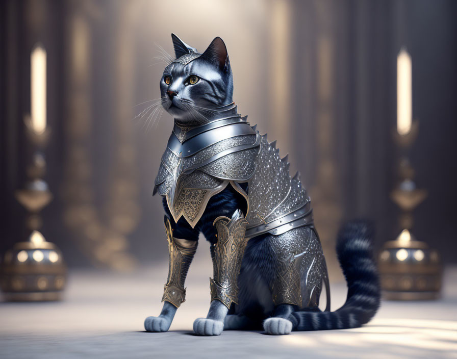 Majestic cat in medieval armor in grand hall with pillars