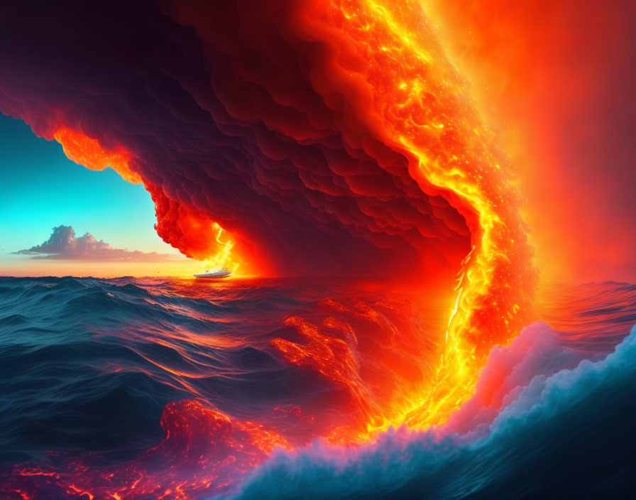 Digital artwork of dramatic ocean scene with fiery lava waves and surreal apocalyptic atmosphere