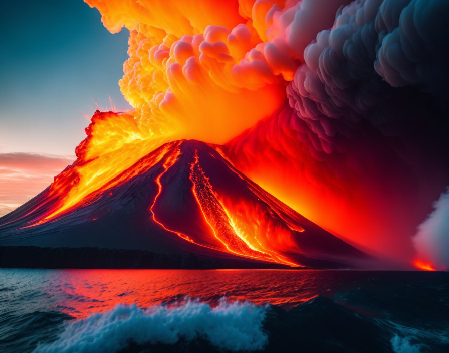 Spectacular volcanic eruption at sunset with fiery lava flows