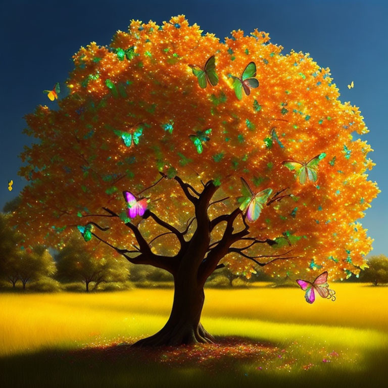 Colorful butterflies and golden leaves on vibrant tree in meadow