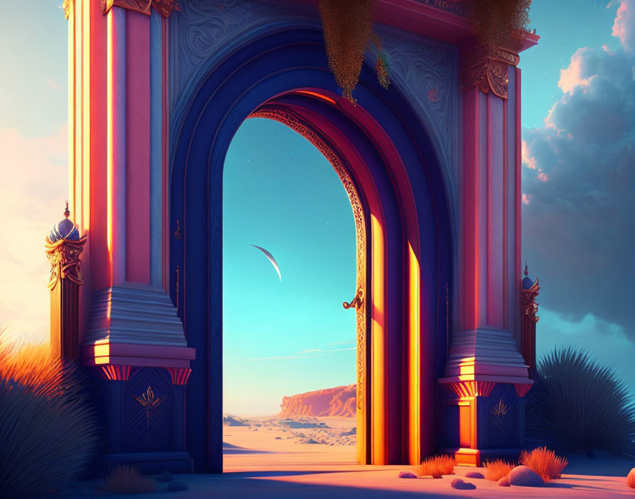 Ornate open doorway with serene desert landscape under twilight sky