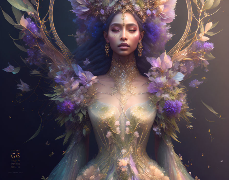 Ethereal woman with floral headdress and golden accents