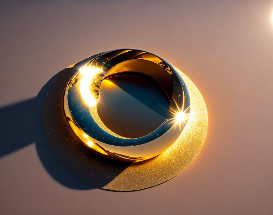 Golden Möbius Strip with Sparkling Reflection and Points of Light on Gradient Background