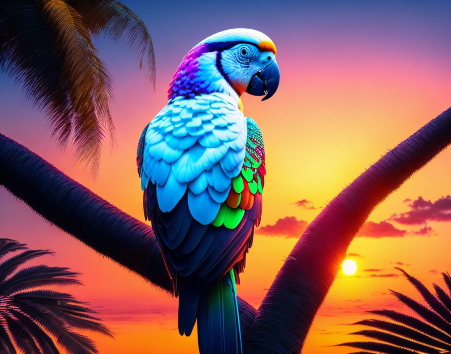 Vibrant sunset scene with colorful parrot and palm trees