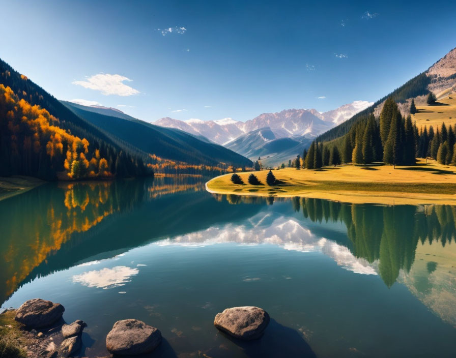 Vivid Blue Sky Reflected in Serene Mountain Lake