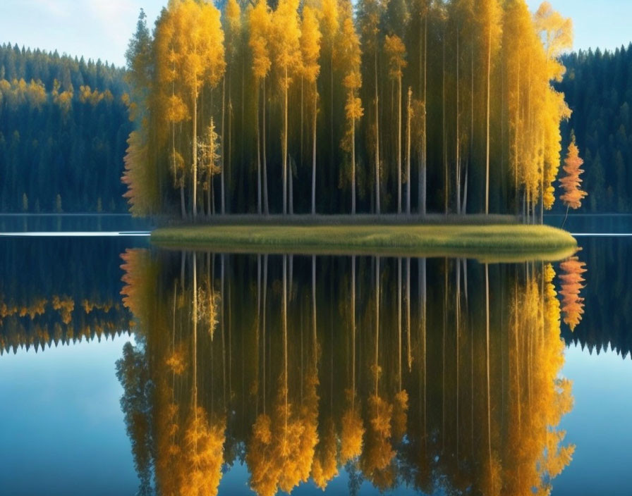 Tranquil lake with island and yellow-leaved trees in forest landscape