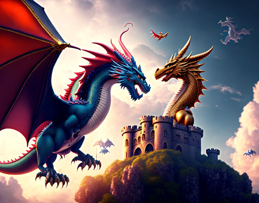 Two dragons face off on castle with flying dragons under dramatic sky