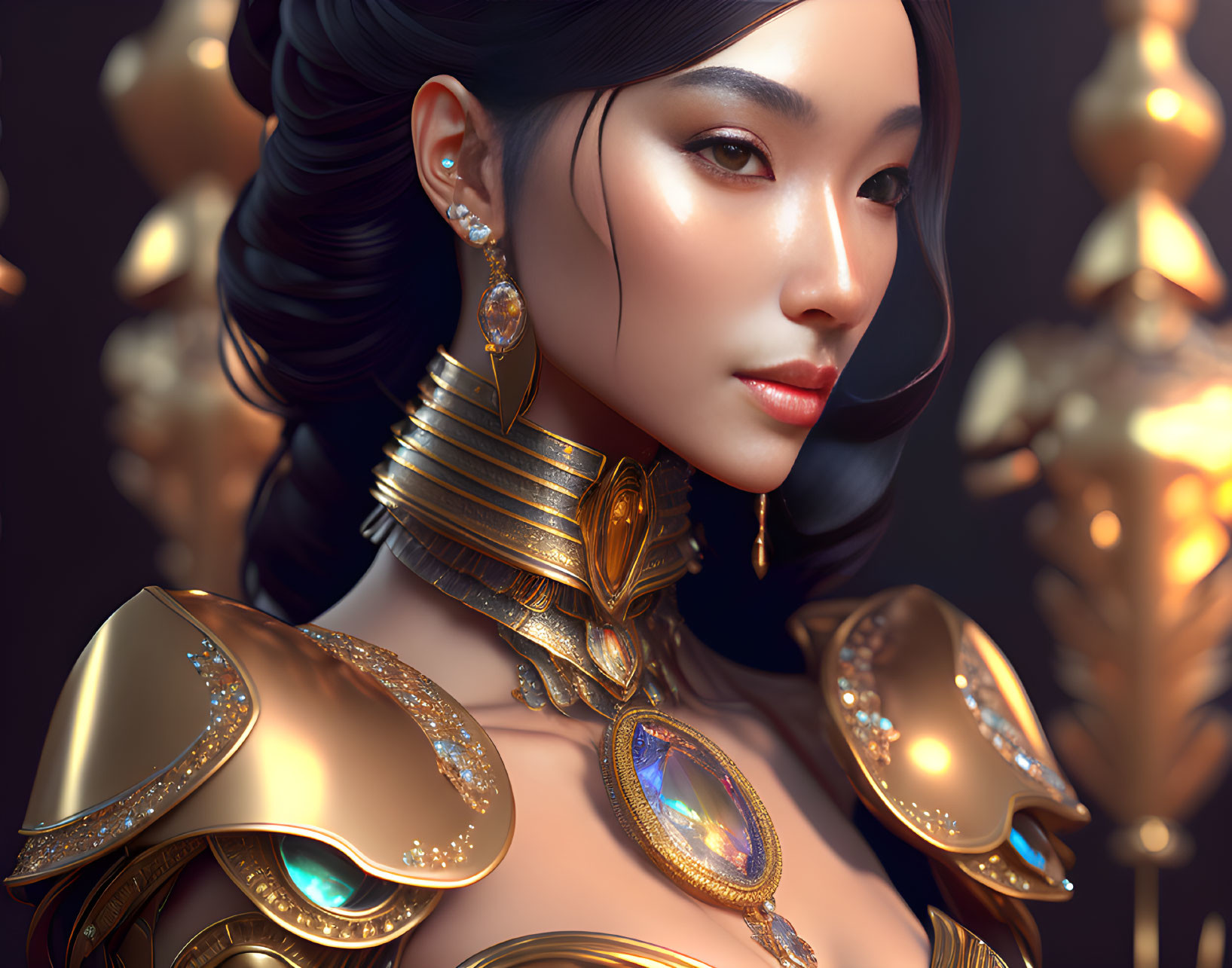 Portrait of Woman with Intricate Golden Jewelry and Elegant Hairstyle