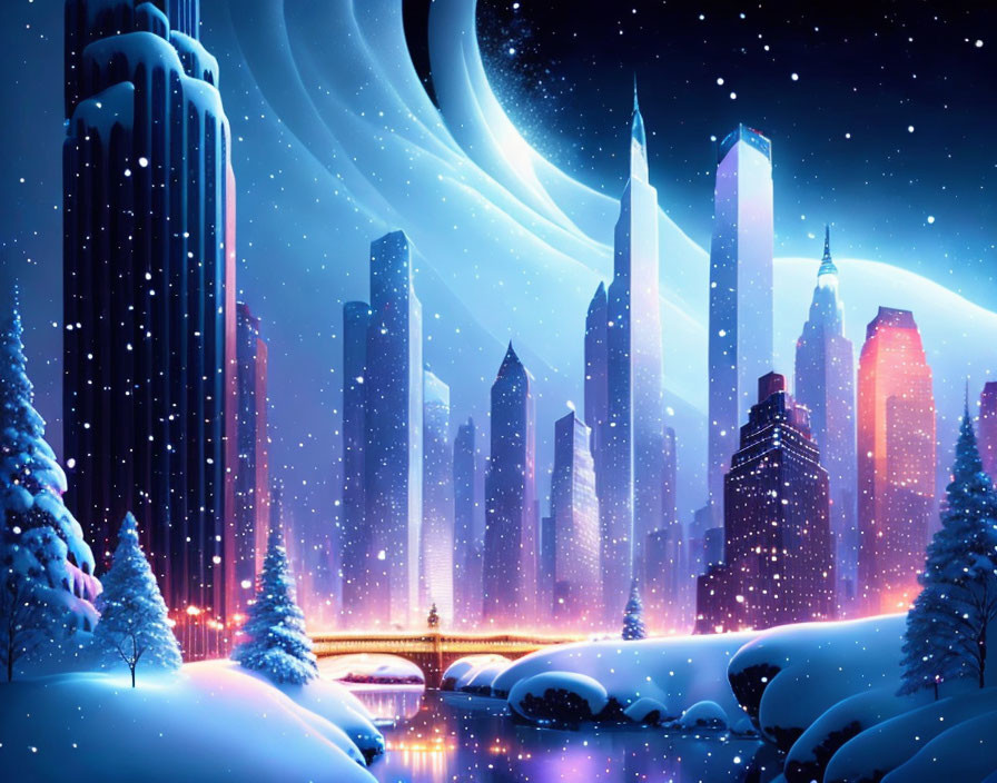 Snowy night cityscape with skyscrapers, northern lights, snow-covered trees, and frozen river