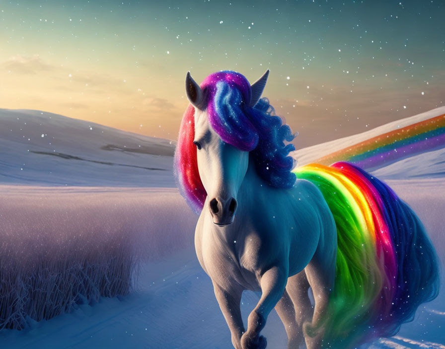 Colorful Unicorn with Rainbow Trail in Snowy Landscape