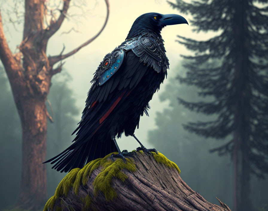 Intricate mechanical raven perched on mossy log in foggy forest