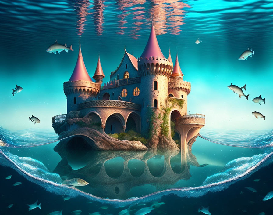 Underwater castle with pink turrets, fish, and air bubble rings in vibrant marine scene