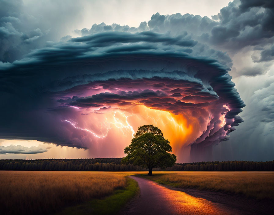 Dramatic supercell thunderstorm with lightning over lone tree in golden field