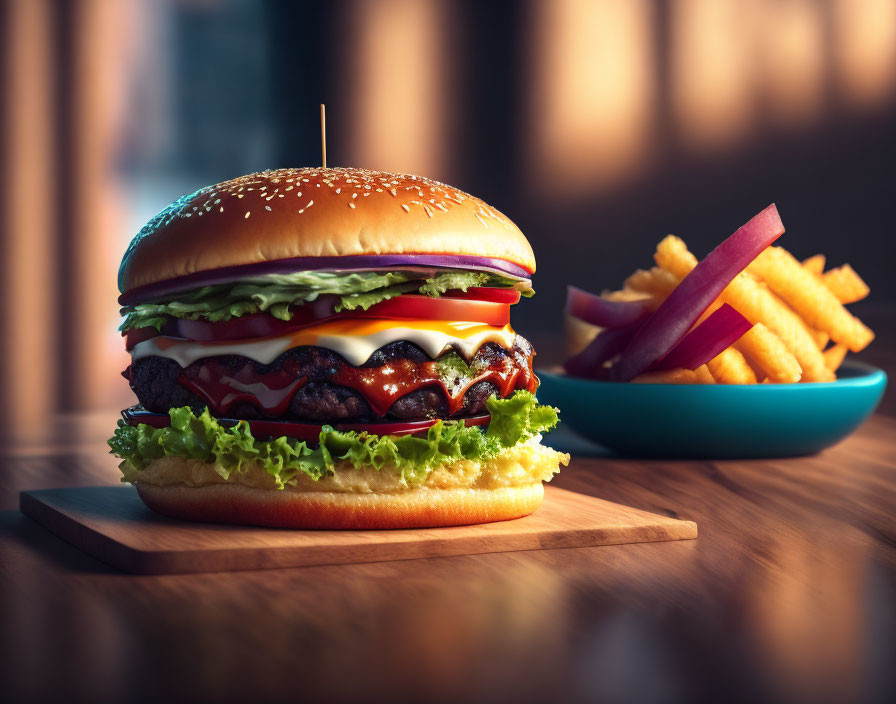 Classic Cheeseburger with Fries and Condiments on Wooden Table