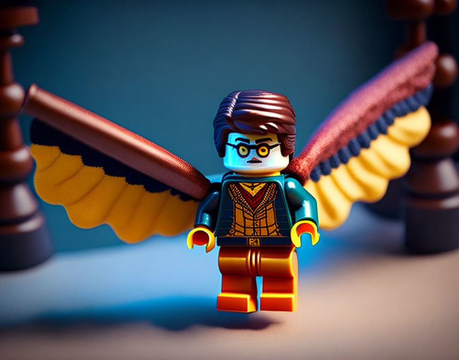 Lego figure with wings and glasses in blue suit with orange belt spotlighted