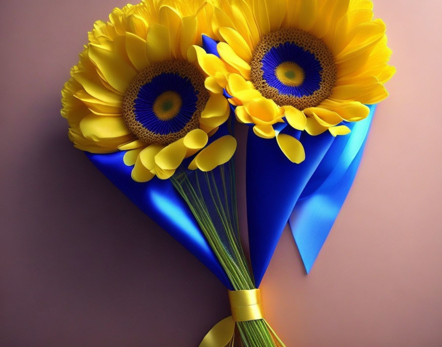 Yellow Gerbera Bouquet with Blue Bow on Pink Background