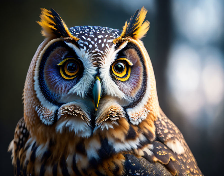 Great Horned Owl with Piercing Yellow Eyes and Brown/White Plumage