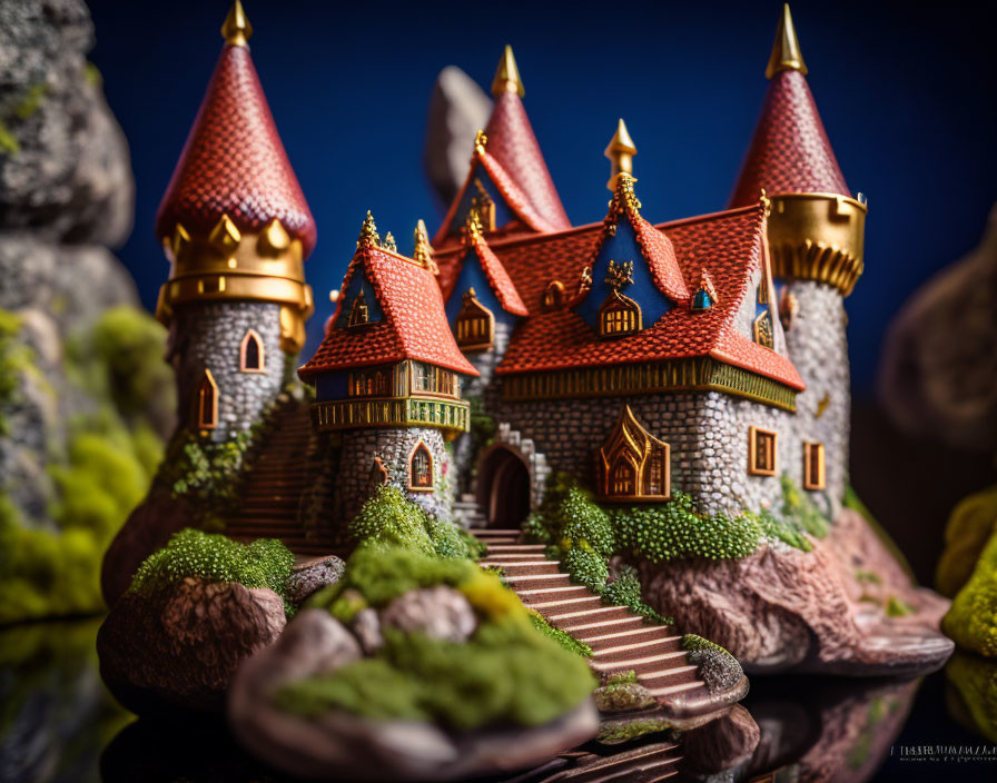 Miniature fairy tale castle on rocky outcrop with red roofs and blue bird.