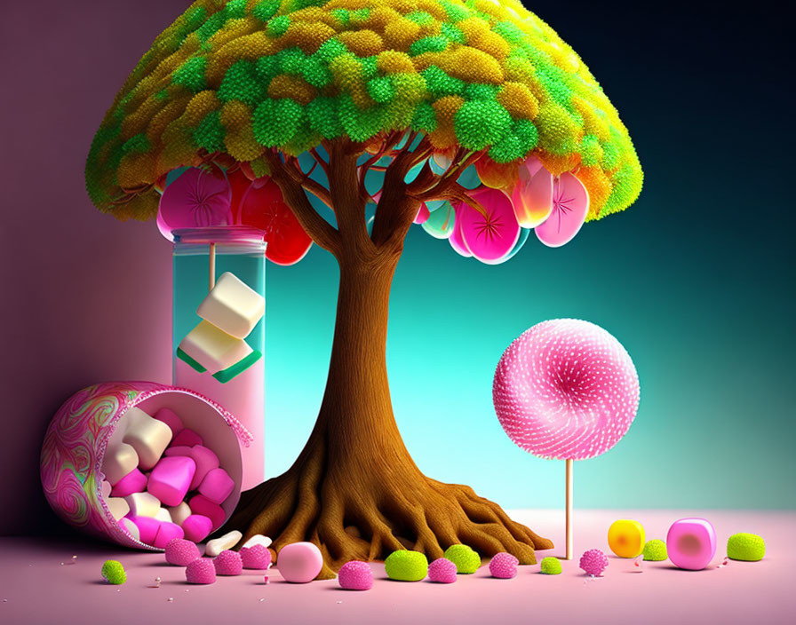 Colorful Tree and Candy Wonderland on Purple Background