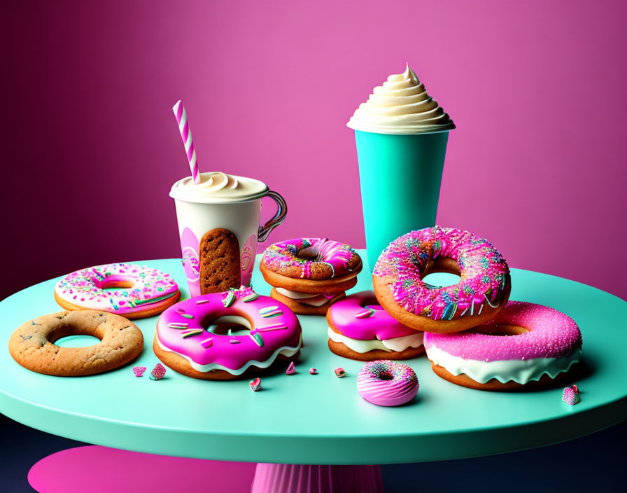 Vibrant donuts, coffee cup with cookie, and whipped cream drink on turquoise table.