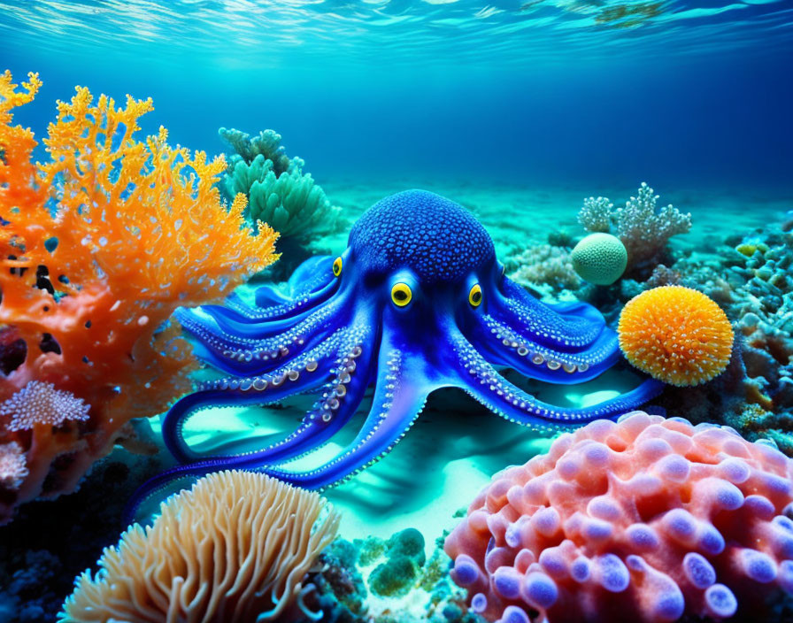 Colorful Octopus Among Coral on Ocean Floor with Detailed Tentacles