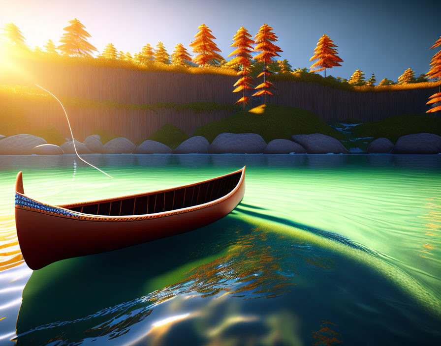 Tranquil lake scene with canoe, greenery, and sunset light