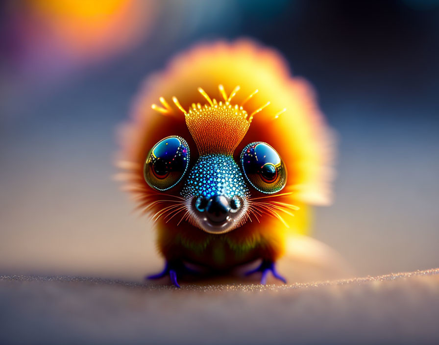 Colorful whimsical creature with large eyes and orange mane against soft-focus background