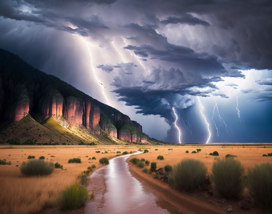 Stormy Sky with Lightning Strikes Over Desert River Landscape