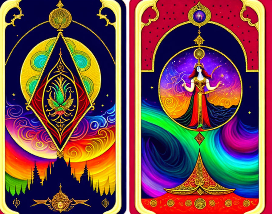 Colorful cosmic tarot cards: peacock and female figure on starry background