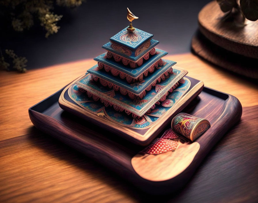 Intricately patterned mini boxes on wooden tray with spoon