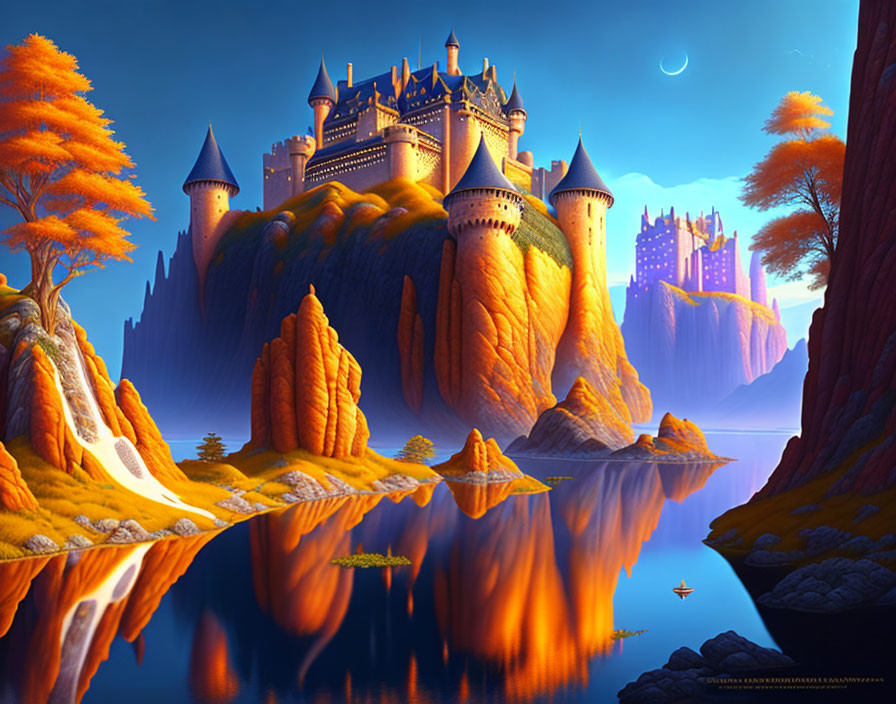 Castle on Golden Cliffs Reflected in Serene Lake at Twilight