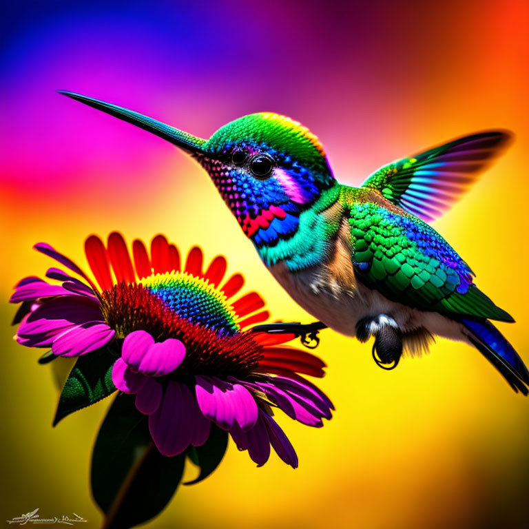 Colorful hummingbird and pink echinacea flower on gradient background