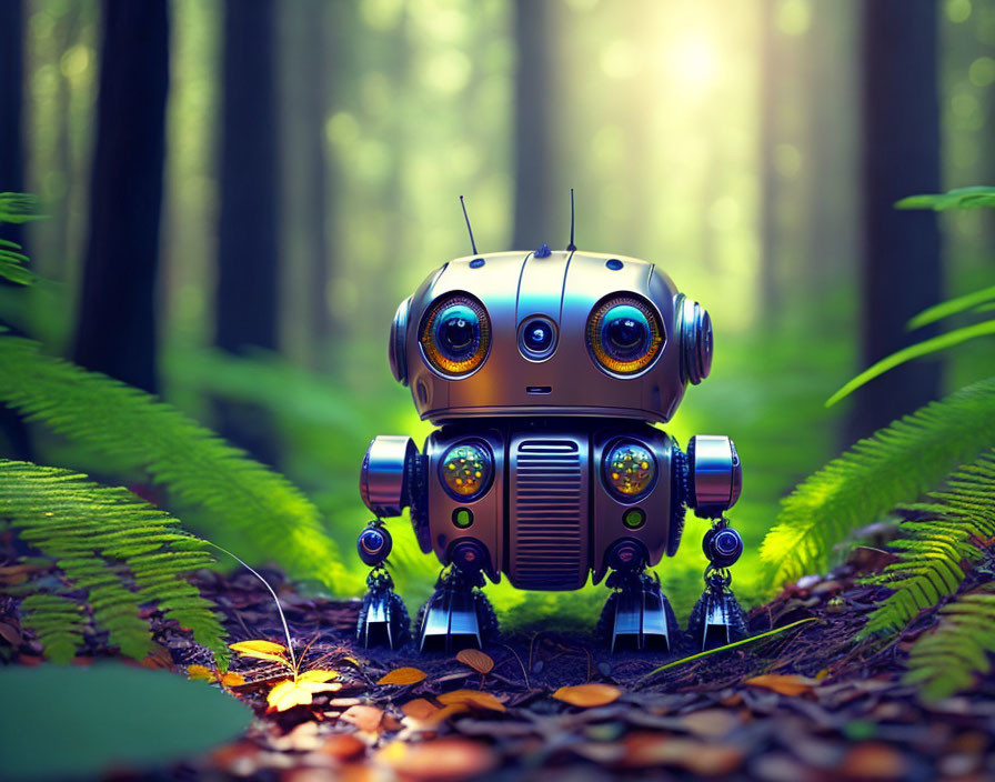 Whimsical robot with expressive eyes in forest setting