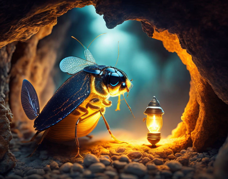 Digital artwork: Oversized bumblebee with lantern in rock crevice