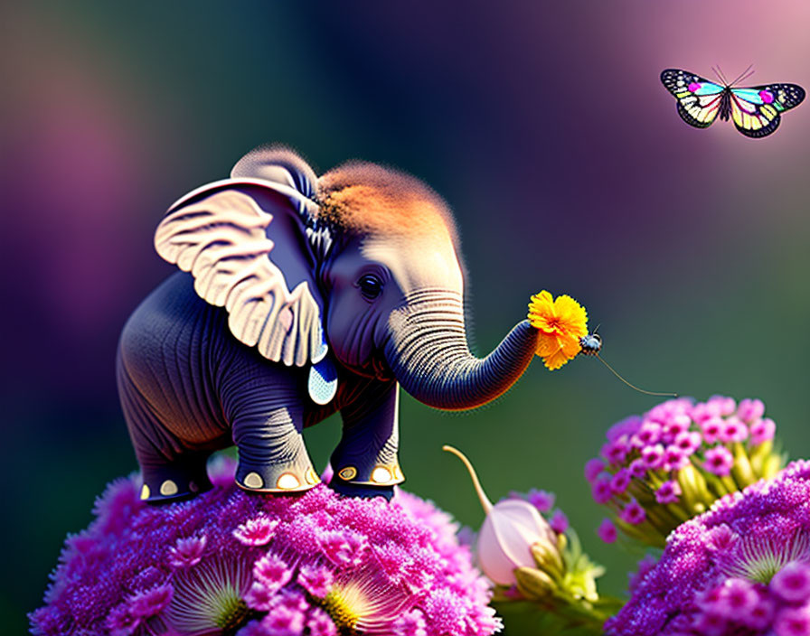 Baby elephant on purple flower with orange flower and butterfly