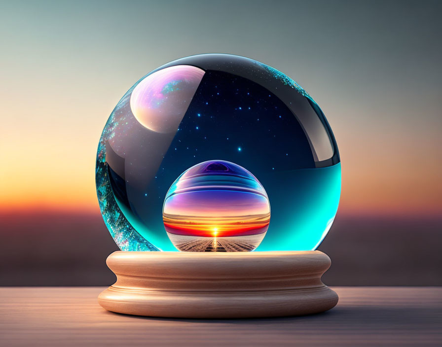 Cosmic Scene Crystal Ball on Wooden Stand Display