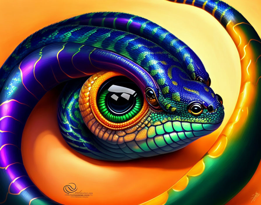 Vibrant Coiled Snake Digital Art with Blue, Green, and Orange Iridescent Scales