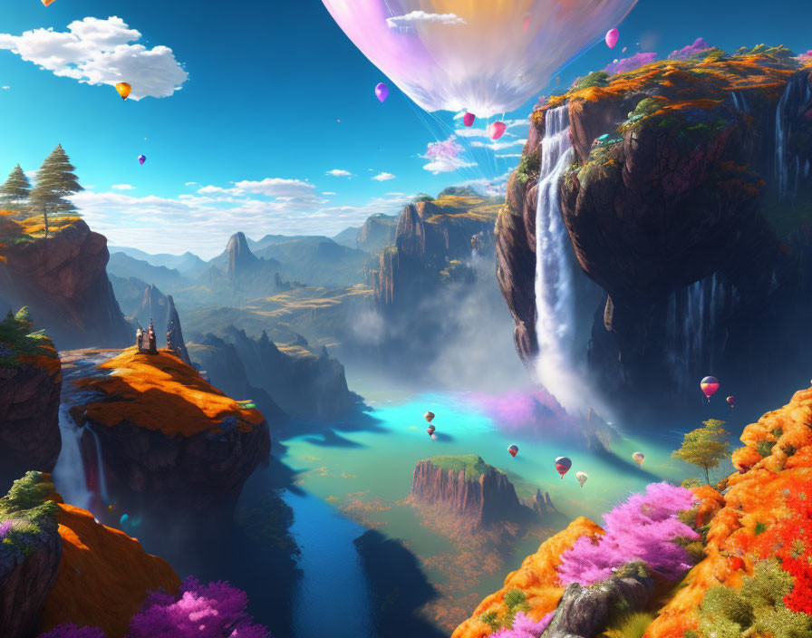 Colorful fantasy landscape with waterfalls, trees, hot air balloons, and misty river