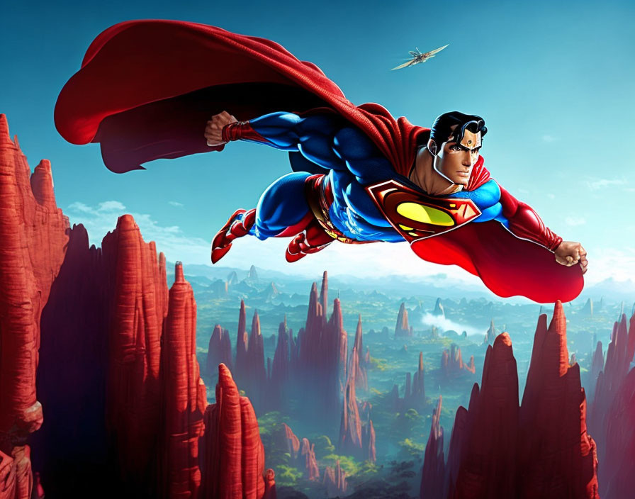 Superman flying over red rock formations against blue sky