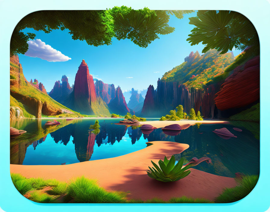 Colorful animated landscape with red rock formations, river, greenery, and blue skies