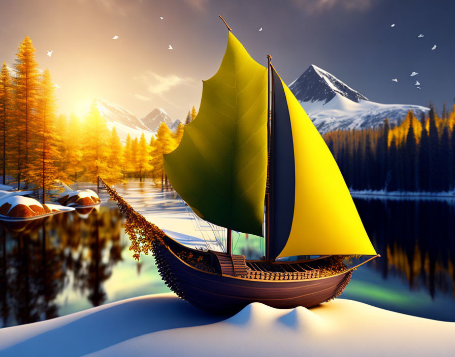 Boat with Leaf-Shaped Sails on Tranquil River at Sunset