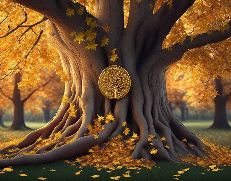 Golden Tree of Life Medallion with Autumn Leaves and Roots