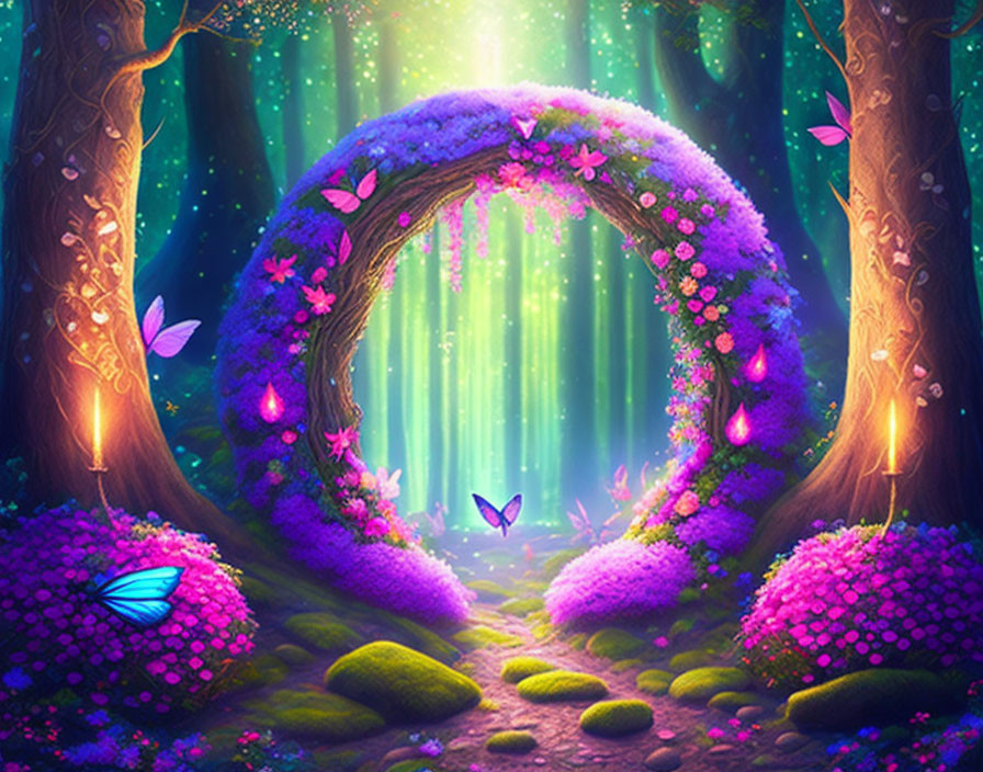 Enchanted forest scene with glowing archway, stone path, butterflies, and magical lights