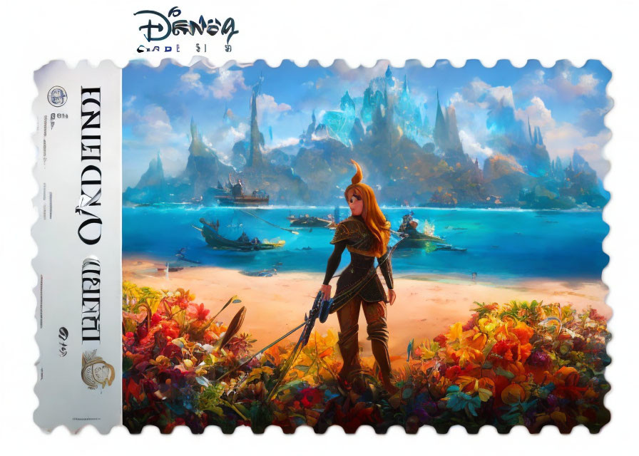 Fantasy-themed postage stamp: Red-haired female warrior, coastal landscape, ships, mystical city.