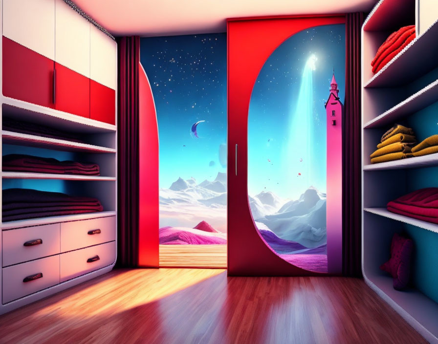 Colorful fantasy landscape visible through open wardrobe in modern room