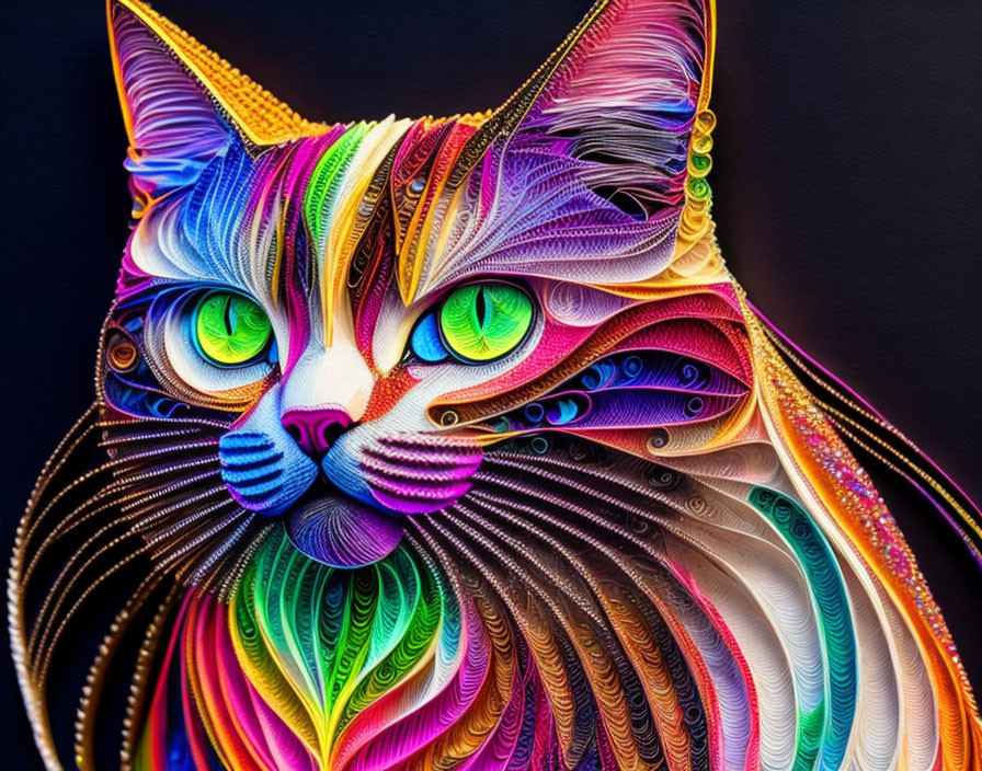 Colorful Stylized Cat Artwork with Intricate Patterns and Green Eyes