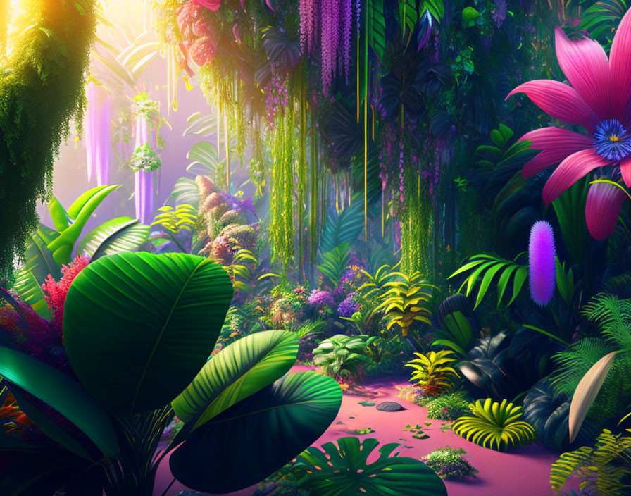 Lush jungle scenery with large leaves and exotic flowers